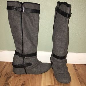 Grey Aldo Knee High Wedge Buckle Rider Boots
